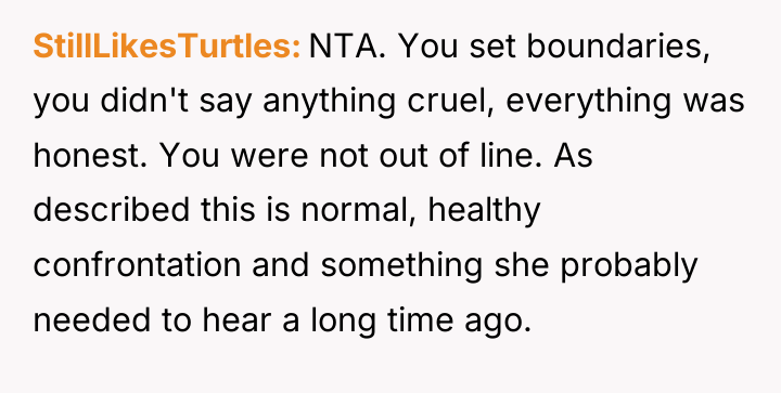 StillLikesTurtles NTA. You set boundaries, you didn't say anything cruel,...