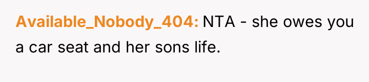 Available_Nobody_404 NTA - she owes you a car seat and...