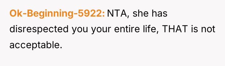 Ok-Beginning-5922 NTA, she has disrespected you your entire life, THAT...