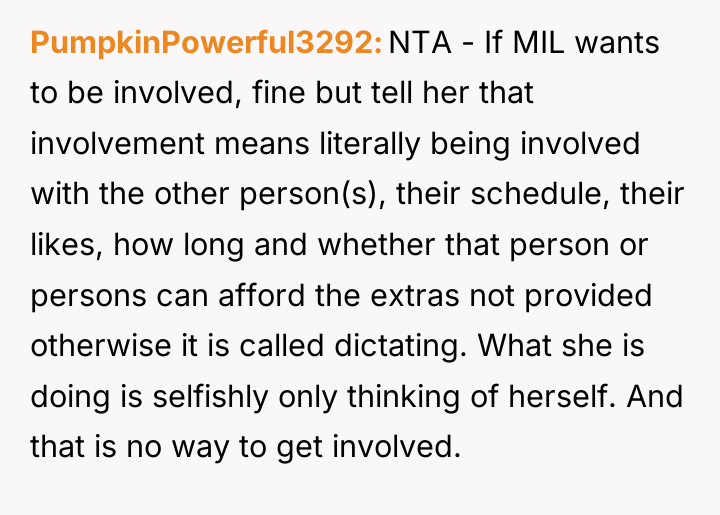PumpkinPowerful3292 NTA - If MIL wants to be involved, fine...