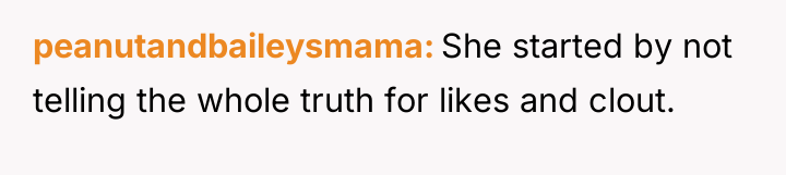 peanutandbaileysmama She started by not telling the whole truth for...