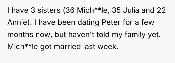 I have 3 sisters (36 Mich**le, 35 Julia and 22...
