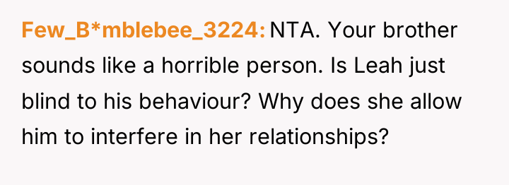 Few_B*mblebee_3224 NTA. Your brother sounds like a horrible person. Is...