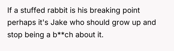 If a stuffed rabbit is his breaking point perhaps it's...