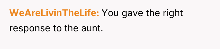 WeAreLivinTheLife You gave the right response to the aunt.