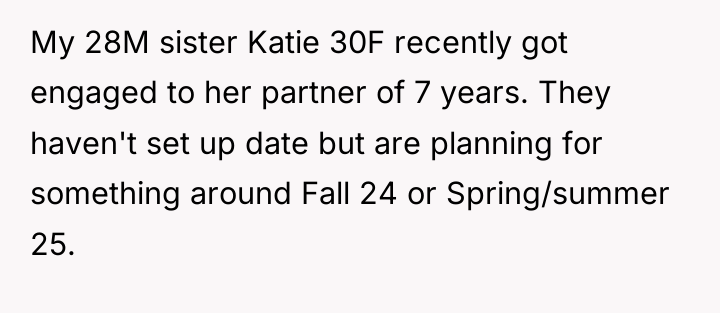 My 28M sister Katie 30F recently got engaged to her...