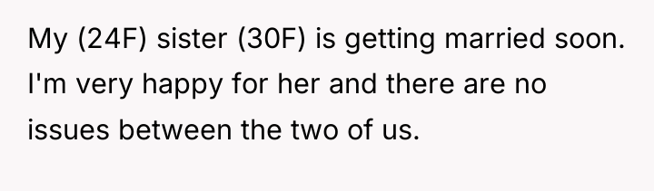 My (24F) sister (30F) is getting married soon. I'm very...