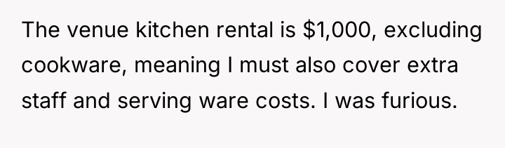 The venue kitchen rental is $1,000, excluding cookware, meaning I...