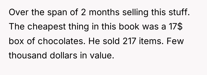 Over the span of 2 months selling this stuff. The...