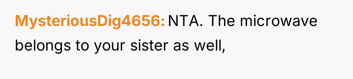 MysteriousDig4656 NTA. The microwave belongs to your sister as well,