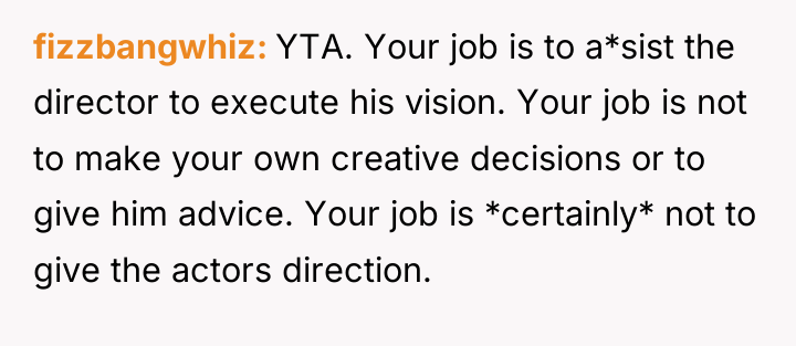 fizzbangwhiz YTA. Your job is to a*sist the director to...