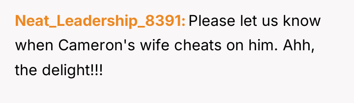 Neat_Leadership_8391 Please let us know when Cameron's wife cheats on...