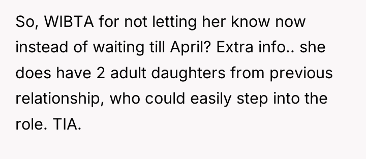 So, WIBTA for not letting her know now instead of...
