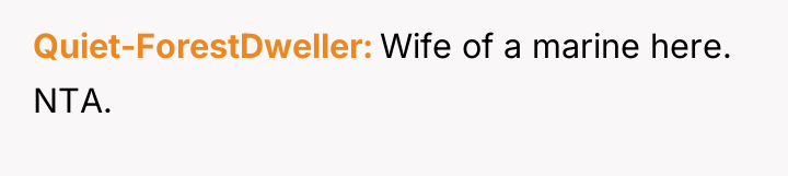 Quiet-ForestDweller Wife of a marine here. NTA.