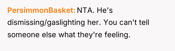 PersimmonBasket NTA. He's dismissing/gaslighting her. You can't tell someone else...