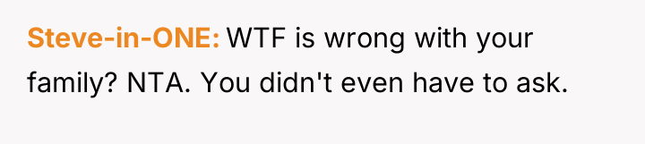 Steve-in-ONE WTF is wrong with your family? NTA. You didn't...
