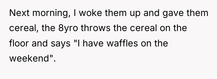 Next morning, I woke them up and gave them cereal,...