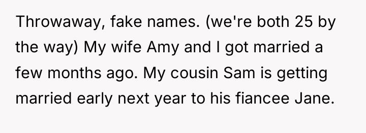 Throwaway, fake names. (we're both 25 by the way) My...