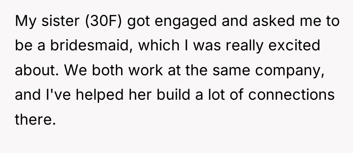 My sister (30F) got engaged and asked me to be...