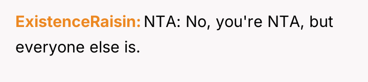 ExistenceRaisin NTA: No, you're NTA, but everyone else is.