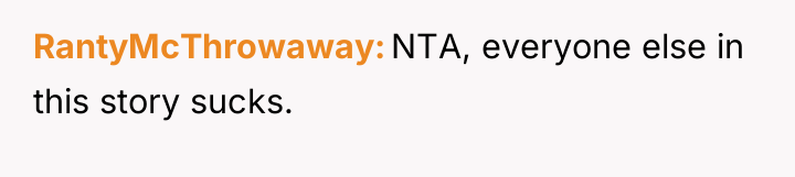 RantyMcThrowaway NTA, everyone else in this story sucks.