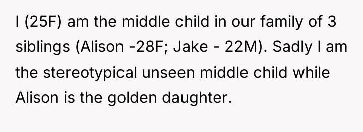 I (25F) am the middle child in our family of...