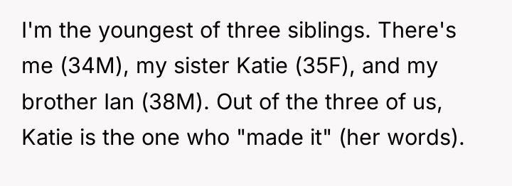 I'm the youngest of three siblings. There's me (34M), my...