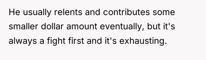 He usually relents and contributes some smaller dollar amount eventually,...