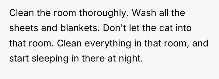 Clean the room thoroughly. Wash all the sheets and blankets....