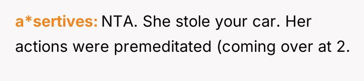 a*sertives NTA. She stole your car. Her actions were premeditated...