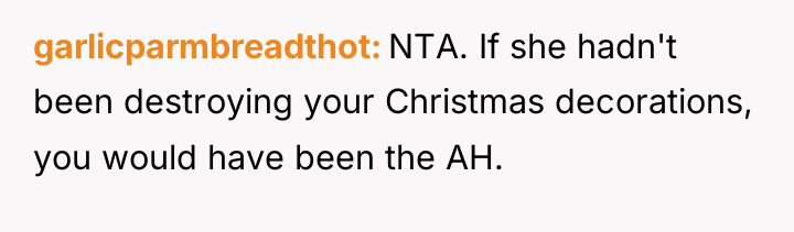 garlicparmbreadthot NTA. If she hadn't been destroying your Christmas decorations,...
