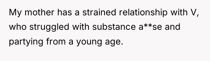 My mother has a strained relationship with V, who struggled...