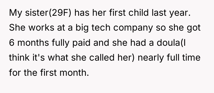 My sister(29F) has her first child last year. She works...