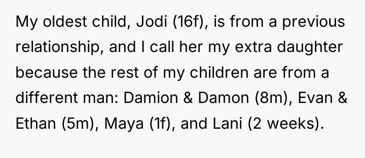 My oldest child, Jodi (16f), is from a previous relationship,...