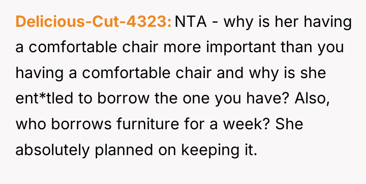 Delicious-Cut-4323 NTA - why is her having a comfortable chair...