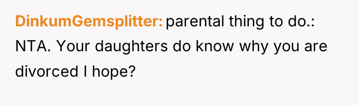 DinkumGemsplitter parental thing to do.: NTA. Your daughters do know...