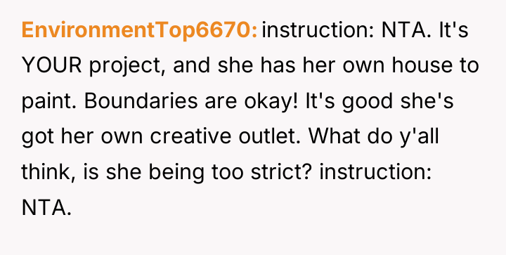 EnvironmentTop6670 instruction: NTA. It's YOUR project, and she has her...