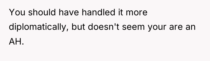 You should have handled it more diplomatically, but doesn't seem...