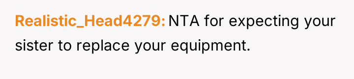 Realistic_Head4279 NTA for expecting your sister to replace your equipment.