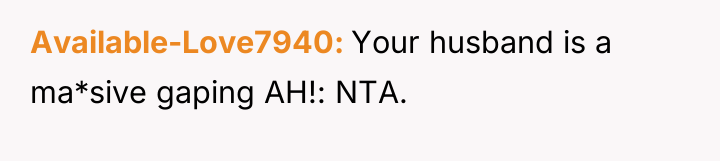 Available-Love7940 Your husband is a ma*sive gaping AH!: NTA.