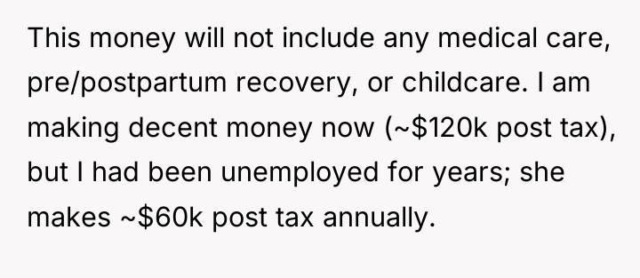 This money will not include any medical care, pre/postpartum recovery,...