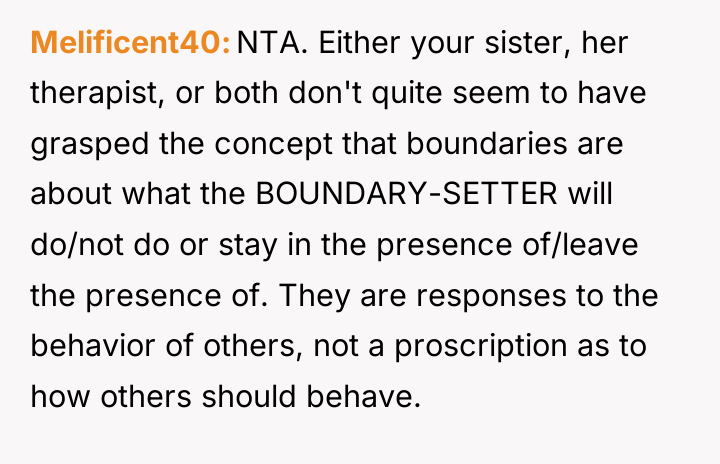 Melificent40 NTA. Either your sister, her therapist, or both don't...