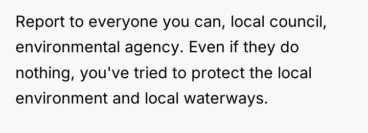 Report to everyone you can, local council, environmental agency. Even...