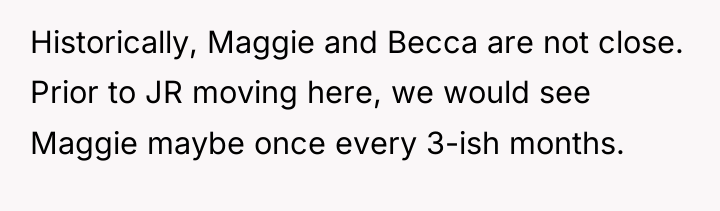 Historically, Maggie and Becca are not close. Prior to JR...