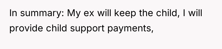 In summary: My ex will keep the child, I will...