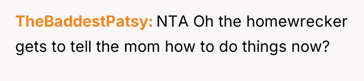 TheBaddestPatsy NTA Oh the homewrecker gets to tell the mom...