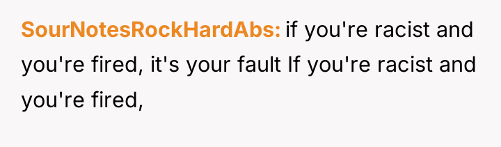 SourNotesRockHardAbs if you're racist and you're fired, it's your fault...