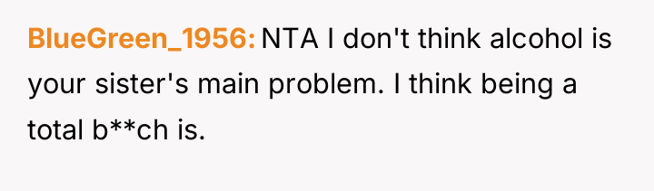 BlueGreen_1956 NTA I don't think alcohol is your sister's main...