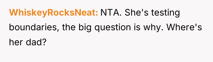 WhiskeyRocksNeat NTA. She's testing boundaries, the big question is why....