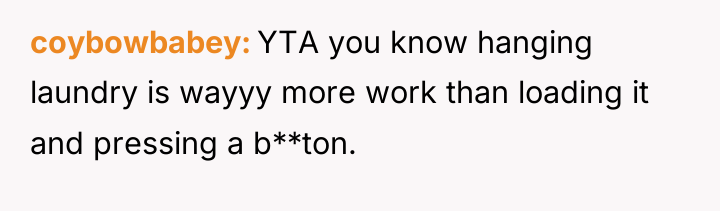 coybowbabey YTA you know hanging laundry is wayyy more work...